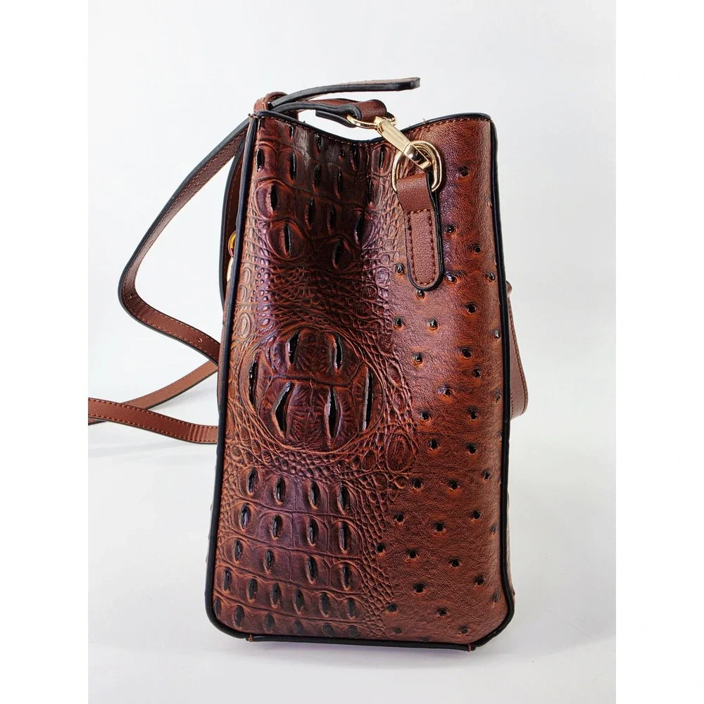 Brown‎ Croc Ostrich Embossed Satchel Handbag Crossbody Gold Chain Link Strap
